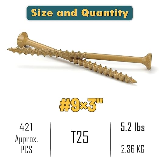 WELLOCKS Deck Screws, Wood Screws, Tan, Superior Rust Resistant, Epoxy Coated, Above 1000 Hour Salt Spray Coating T25 Torx Star Bit Included for Outdoor Wood Fence (5.2LBS Tan, #9횞3")
