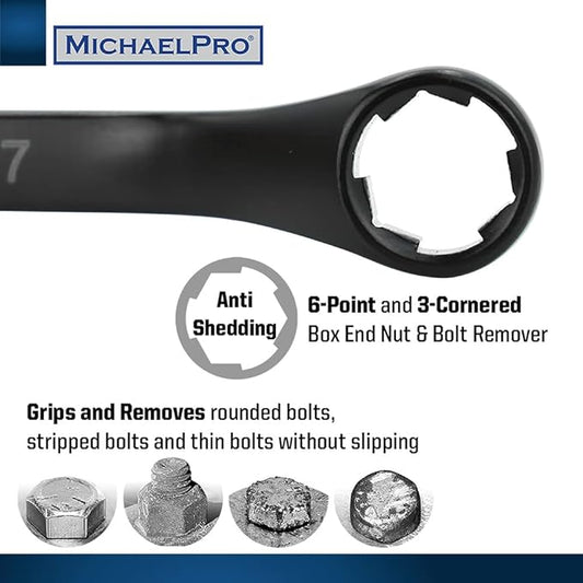 MichaelPro 18-Piece Bolt Extractor Wrench and Socket Set, 45째 Offset Wrenches Metric 6-19mm, 6-Point Box End Nut for Rounded, Stripped & Thin Bolts Removal, CR-V Steel, Extractor Sockets 10-19mm