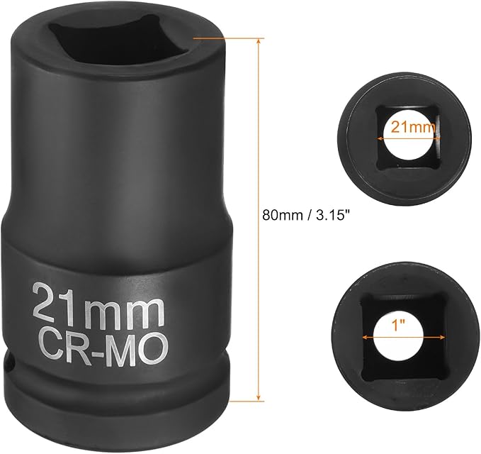 HARFINGTON 4 Point Square Socket 1" Drive 21mm Metric Square Impact Socket CR-MO Blackening Standard Wheel Sleeve Pneumatic Sleeve Tool for Auto Repair Mechanical Maintenance Home Use
