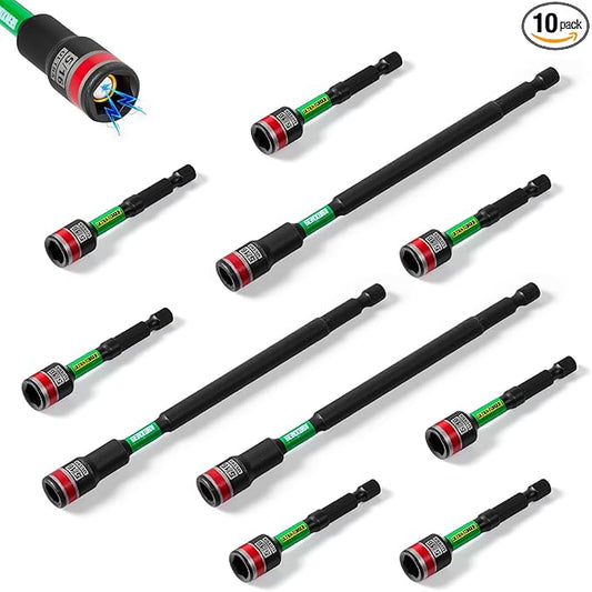 Impact Nut Driver Set, 10 Pieces 2.56???쒵ong 5/16?? Point Alloy Steel Magnetic SAE Nut Setter Set Use For Require Installing 1/4 Hex Shank Impact Driver with Case Box