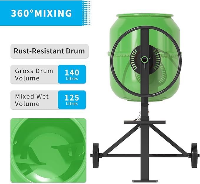 5.5 Cu.Ft. Concrete Mixer, Heavy Duty Portable Concrete Mixer with Wheel & Stand, Electric Cement Mixer Machine with 140L Drum, 120V Motor for Concrete, Mortar,Seeds, and Feed,Green.