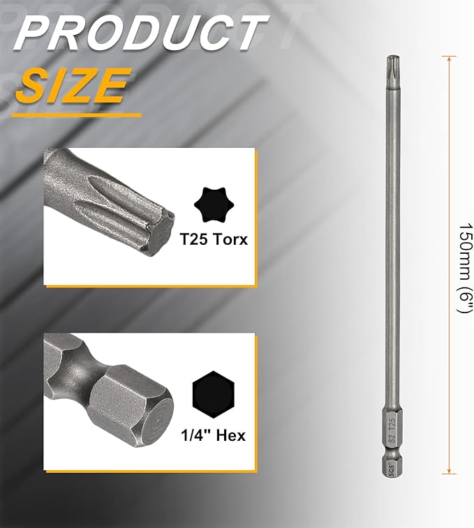 HARFINGTON 2pcs T25 Torx Head Screwdriver Bit 1/4" Hex Shank 6" (150mm) Long Magnetic No Hole Tip Tamper Proof 6 Point Star Screw Driver Drill Bits S2 Steel Industrial Power Screwdrivers