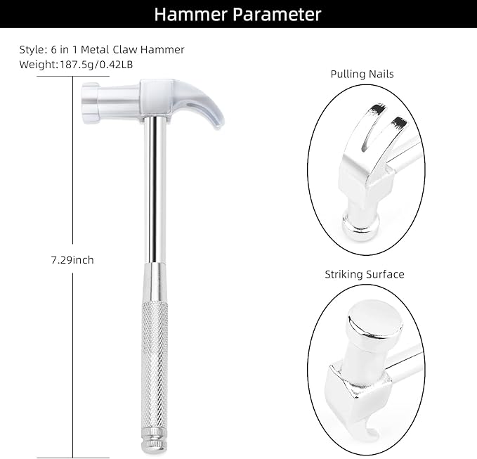 YOUMI 6 in 1 Silver Hammer & Screwdriver Tool Multitool Set Claw Hammer with Anti-Slip Grip Handle Slotted/Flat Head Phillips Screwdriver Nail Puller Best Gift for Family Friends Colleagues