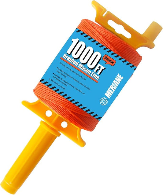 MERIANE Mason Line w/Reloadable Line Reel, 1000FT Nylon String Line, 18# Braided Twine String for Masonry Job, Level Lines in Construction, Gardening, Fluorescent Orange