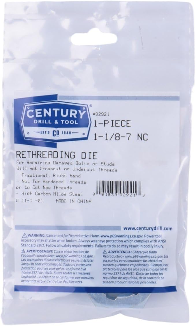 Century Drill & Tool 92921, 1-1/8-7 NC, National Coarse Fractional Right Hand Rethreading Die, High Carbon Steel, Fix Damaged Bolts or Studs