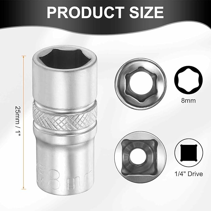 HARFINGTON 6 Points Deep Socket 1/4" Drive 8mm Deep Metric CR-V Steel Polished Nickel Plating Flip Sleeve 25mm / 1" Extra Long Socket Tool for Home Auto Nuts Bolts Repair