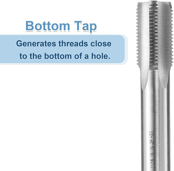 uxcell Hand Bottom Tap 11/16-16 UNS 2B Thread Bottoming Style Threading Taps High Speed Steel HSS6542 Straight Flutes Screw Tapping Tool