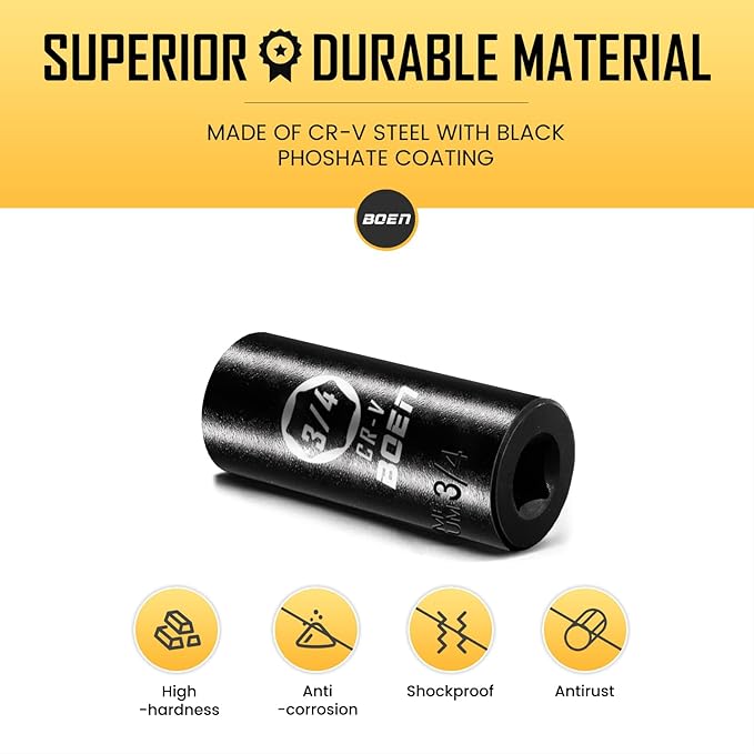 BOEN 1/2" Drive Deep Impact Sockets, Premium Impact Socket, 3/4 Inch Socket, SAE, 6 Point, Cr-V Steel with Laser Marking - Strong and Durable
