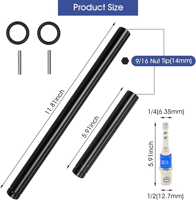 2 Pcs 9/16"(14mm) Power Nut Driver 6'' and 12'' Length, Nut Runner Hollow Socket with 1/4" Hex Shank, Fit Long Bolts and Ductwork