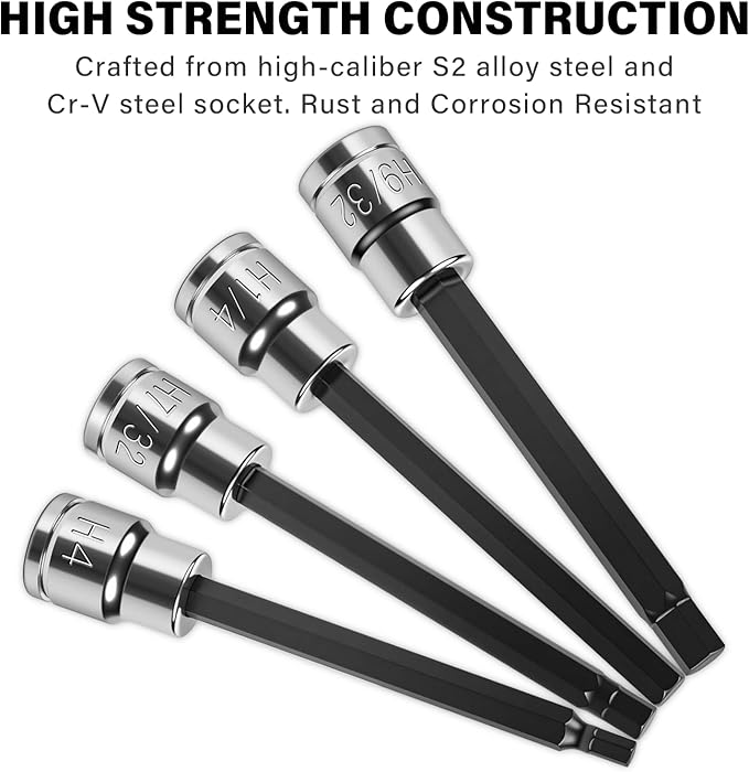 19-Piece 3/8" Drive Long Reach Impact Hex Bit Socket Set, SAE (1/8"-3/8") & Metric (3mm-12mm) Deep Allen Key Wrench Set, S2 and Cr-V Steel, with Molded Storage Box