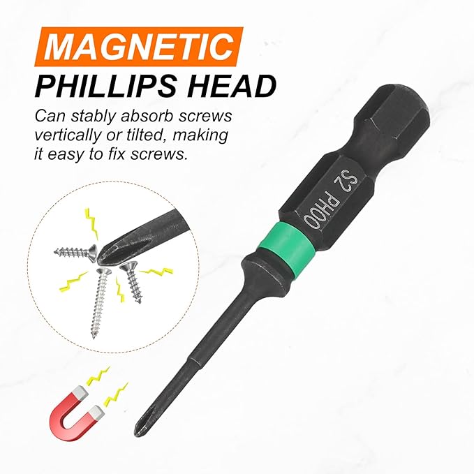 HARFINGTON 5pcs #00 Impact Phillips Screwdriver Bit PH00 1/4" Hex Shank 2" (50mm) Length 0.08" Rod Magnetic Cross Head Drill Bits S2 Steel Industrial Screw Drivers for Impact Power Tools