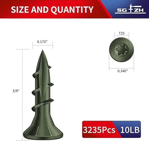 #8 x 5/8" Deck Screws (3235Pcs) 10lb. Carbon Steel, Green, Flat Head, Rust Resistant epoxy Coated, with T25 Star Bit