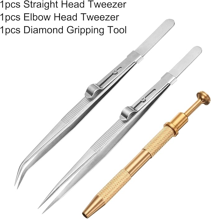 HARFINGTON 3pcs Diamond Tweezer Holder Pick Up Tool Set Stainless Steel 4 Claw Holder Straight/Elbow Head Jewelry Locking Tweezer for Tiny Objects Electronic Components, Silver/Gold