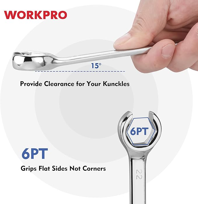 WORKPRO 4-Piece Flare Nut Wrench Set, Metric Brake Line Wrenches 10, 12, 13, 14, 15, 17, 19, 22mm, Cr-V Steel, 15째 Offset Head Tubing Wrench, Organizer Pouch Included