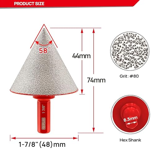 DT-DIATOOL Diamond Beveling Chamfer Bit 1-7/8 Inch with Hex Shank for Tile Porcelain Ceramic Granite Marble Existing Holes Enlarging Polishing Shaping Trimming Repairing