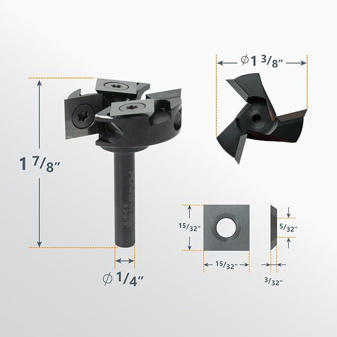 POWERTEC Slab Flattening Router Bit, 1/4" Shank, 1-3/8" Diameter, 1/2" Cutting Depth, 2+2 Flute Carbide Insert Woodworking Surfacing Bit for CNC Machine, Wood Milling & Live Edge Wood Planing (73054)
