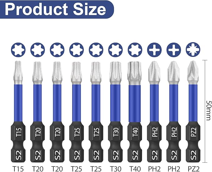 HPHOPE Professional Shockwave Screwdriver Bit Set 10-Piece ??50mm Torx, Pozi, Phillips, Hexagon Bits with Key Ring