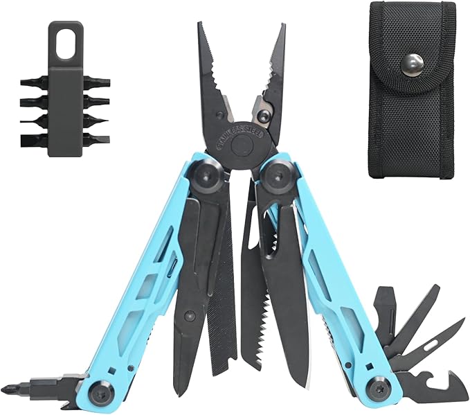Multitool with Pocket Knife, 25-in-1 Stainless Steel Pliers and Screwdriver, Self-locking Multi-tool EDC Gear with Sheath, Suitable for Camping and Hiking (Powderblue)