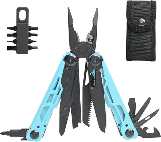 Multitool with Pocket Knife, 25-in-1 Stainless Steel Pliers and Screwdriver, Self-locking Multi-tool EDC Gear with Sheath, Suitable for Camping and Hiking (Powderblue)