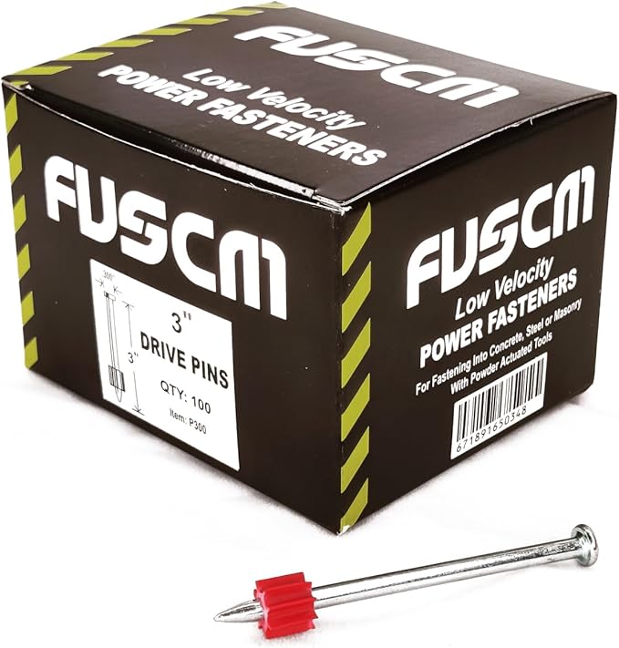 3" Powder Actuated Fasteners,.300 Head Diameter Drive Pin with red Flute, P300, 100pcs/pack