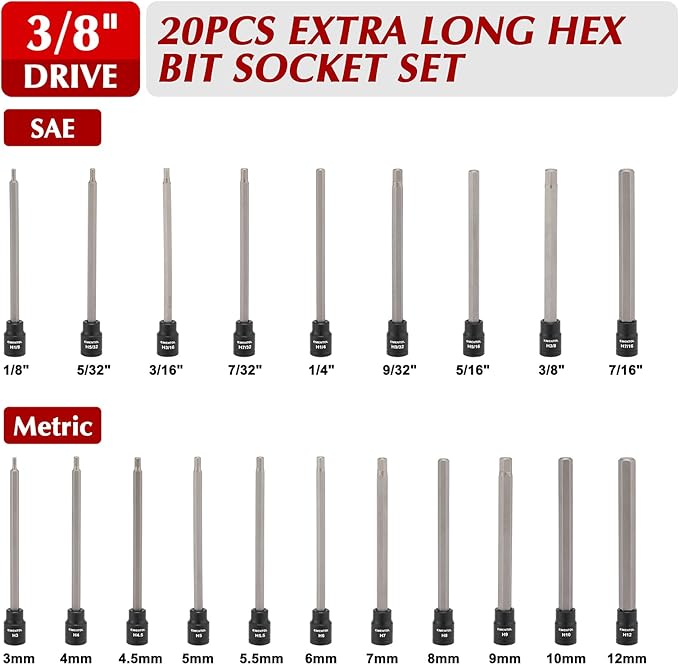 EMENTOL 20PCS 3/8-Inch Drive Hex Bit Long Socket Set, Allen Socket Set, CR-V, S2 Alloy Steel Bit, SAE/Metric, 3mm - 12mm, 1/8"-7/16"