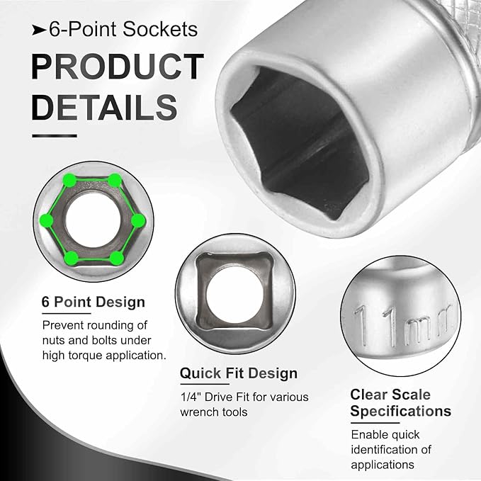 HARFINGTON 6 Points Deep Socket 1/4" Drive 11mm Deep Metric CR-V Steel Polished Nickel Plating Flip Sleeve 25mm / 1" Extra Long Socket Tool for Home Auto Nuts Bolts Repair