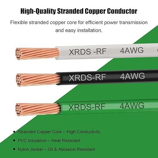 4AWG THHN Electrical Wire 25FT ??Stranded Bare Copper Conductor with PVC and Nylon Insulation, Heat and Oil Resistant Cable for Indoor & Outdoor Wiring