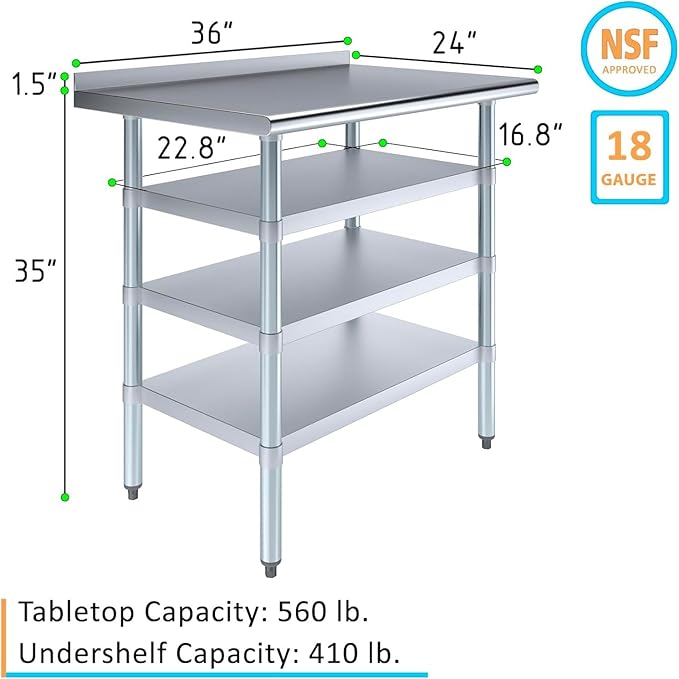 Stainless Steel Work Table with 1.5" Backsplash and 3 Shelves | Metal Kitchen Food Prep Table | NSF Certified (36" Long x 24" Deep)