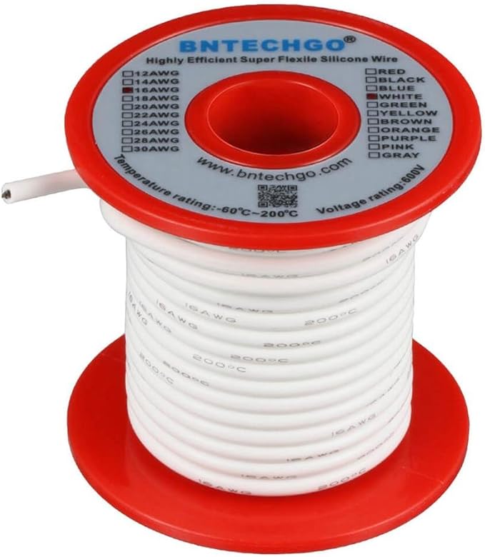 BNTECHGO 16 Gauge Silicone Wire Spool 50 ft White Flexible 16 AWG Stranded Tinned Copper Wire