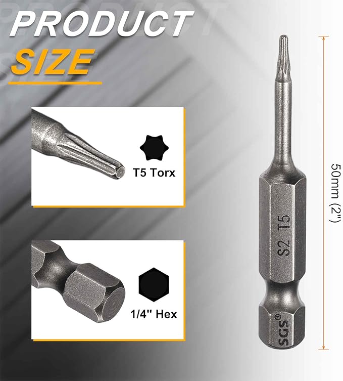 HARFINGTON 2pcs T5 Torx Head Screwdriver Bit 1/4" Hex Shank 2" (50mm) Long Magnetic No Hole Tip Tamper Proof 6 Point Star Screw Driver Drill Bits S2 Steel Industrial Power Screwdrivers