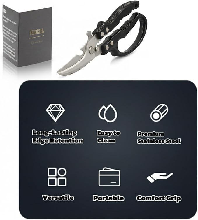 Heavy Duty Kitchen Shears - Ultra Sharp All Purpose Food Scissors for Cutting Chicken Bones, Meat & Vegetables, Multi-Function Stainless Steel Cooking Shears (Black)