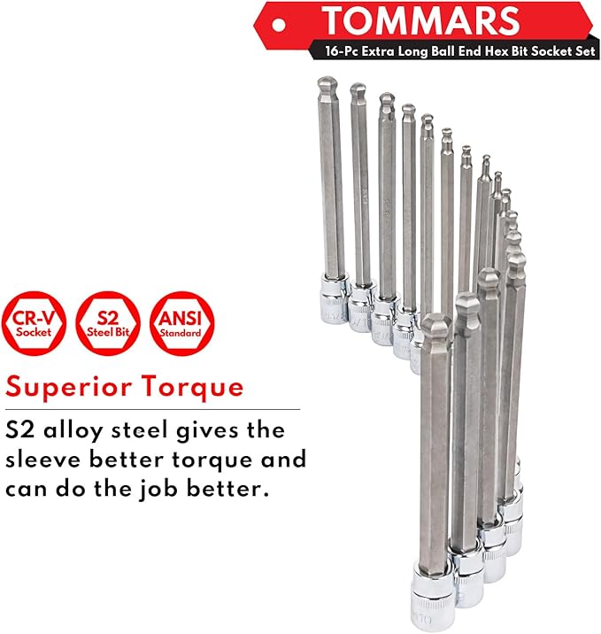 TOMMARS 16-Pc 3/8 Inch Drive Ball End Long Hex Bit Socket Set, Extra Long Allen Socket Set, CR-V and S2 Steel, SAE & Metric 1/8-3/8 in., 3-10 mm.