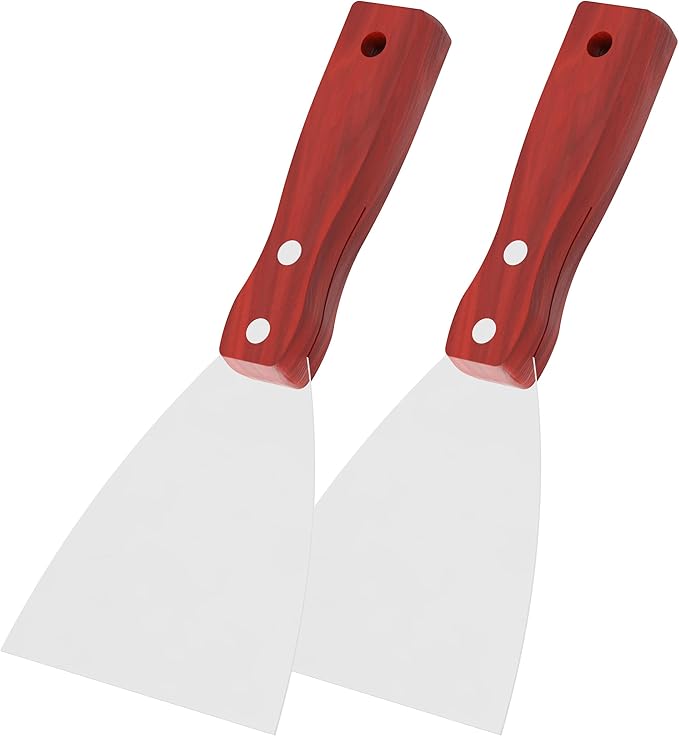 Putty Knife, 2PCS Stainless Steel Scraper Tool, Wooden Handle Metal Spackle Knives for Drywall, Decals, Wall Paper, Floor Tile, Patching, Painting, Taping, Putty knife (4"/100mm)