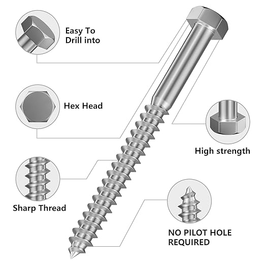 Lag Screws Wood Screws (8PCS, 1/2"x6", Silver) Hex Head Lag Bolts,(12x150) Heavy Duty Lag Screws,304 Stainless Steel Bolts 18-8