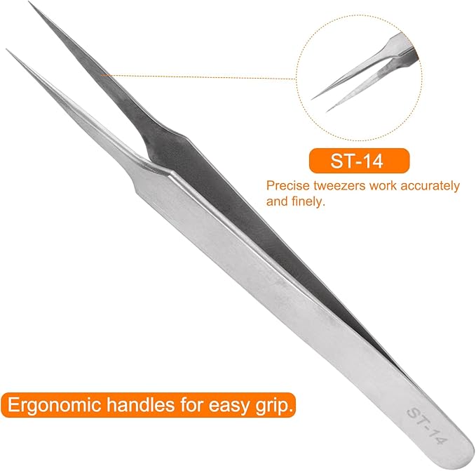 HARFINGTON 2pcs ST-14 Precision Tweezers 121mm Pointed Anti-corrosion Stainless Steel Craft Professional Tweezer for Replace Precision Parts Technology Industrial Electronics