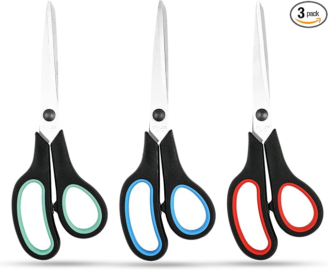 3-Pack 8" Heavy Duty Scissors with Ultra Sharp Blades and Comfort Grip Handles - For Office, Home, School, Sewing, and Crafts (Black Green/Black Red/Black Blue)