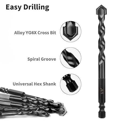 HPHOPE 10Pcs Masonry Drill Bits Set - Concrete Drill Bit Set for Tile, Brick, Glass, Plastic and Wood, Tungsten Carbide Tip Work with Ceramic Tile, Wall Mirror, Paver on Concrete or Brick Wall