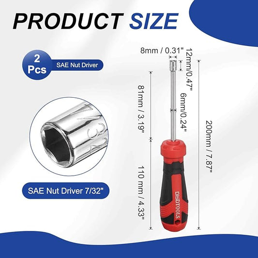 HARFINGTON 2 Pcs SAE Nut Driver 7/32" CR-V Non-Magnetic Tip Hollow Shafts Hex Socket Screwdriver with Anti-Slip Handle for Automobile Repair Bit Driver