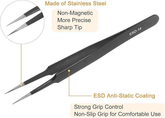 uxcell 3pcs Precision Tweezers Set Anti-Static Non-Magnetic Stainless Steel ESD Tweezers Set Kit Fine Point Tweezers for Electronics Laboratory Industrial Craft DIY