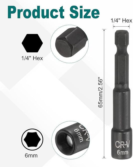 uxcell 2Pcs 1/4" Hex Shank 6mm Magnetic Hex Socket 65mm Length, CR-V Steel Quick-Release Impact Driver Socket Wrench Screw for Impact Drill Power Nut Setter