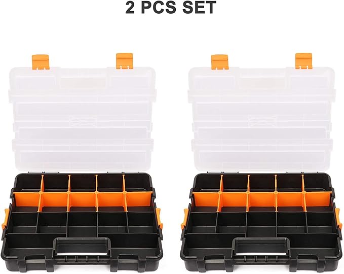 Makitoyo Tool Box Organizers, Interlocking Black Small Parts Organizer for Fasteners, Parts and Crafts w/Removable Dividers, 2 Pieces Pack, Black & Orange,15?쒵횞11.6?쓂횞2.6?쒱