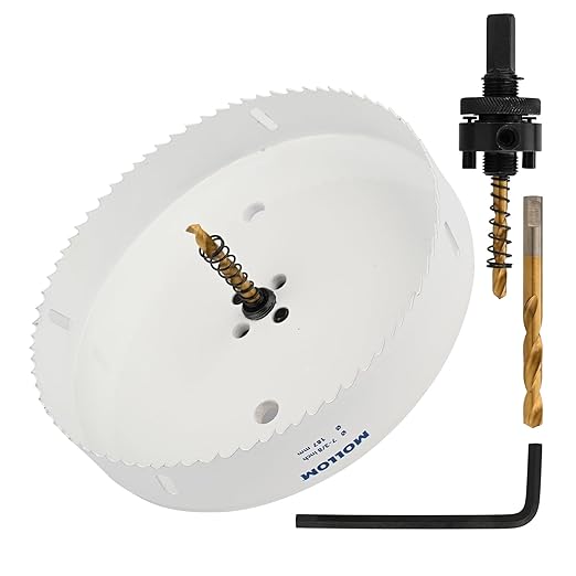Mollom (187mm | 7-3/8") HSS M42 with 8% Cobalt BI-Metal Hole Saw with 2 Pilot Drill Bits & Arbor Smooth Cutting for PVC,Drywall,Wood,Plastic,Gypsum Board,Rubber
