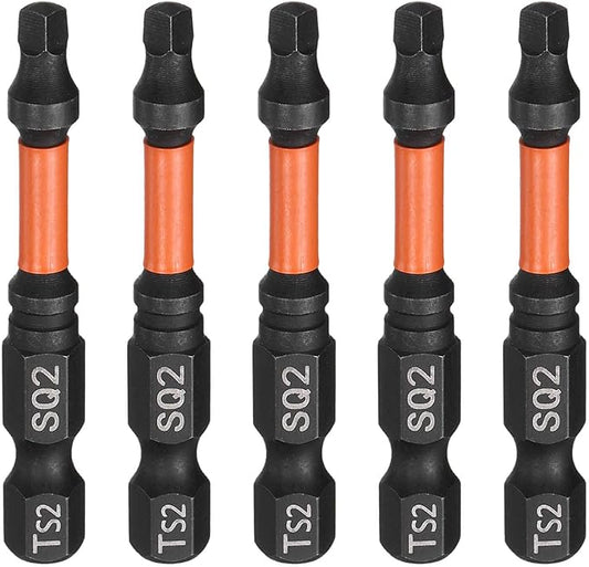 HARFINGTON 5pcs Square Head Screwdriver Bits 1/4" Hex Shank SQ2 Magnetic Head 2" Length S2 Steel Screw Driver Drill Bit for Repair Work Electric Screw Driver