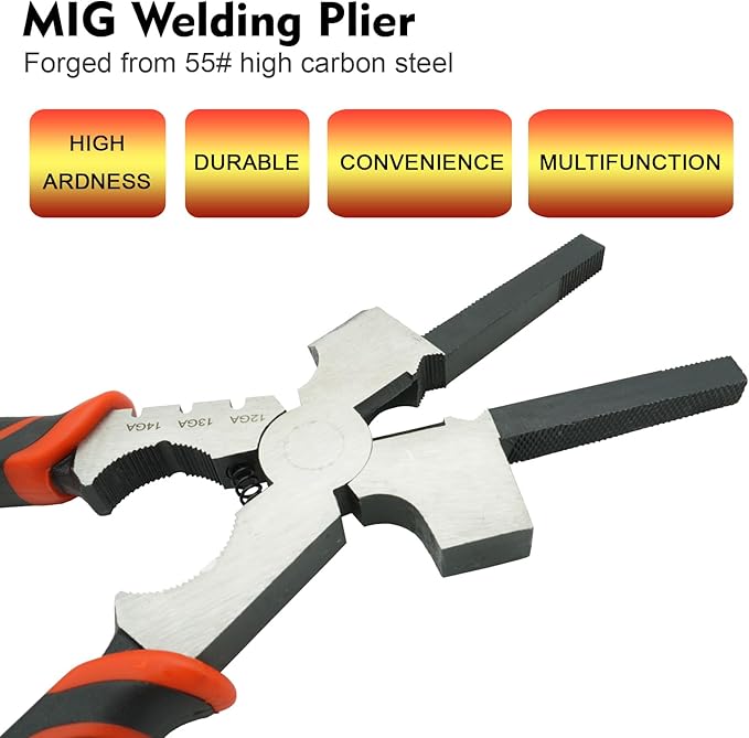Welding Pliers,8 Inch,Chipping Hammer,Fine & Coarse Files,Hardened Wire Cutter,Tip Jaw, Pipe Jaws,Mig Nozzle Cleaner,Durable Forged Steel