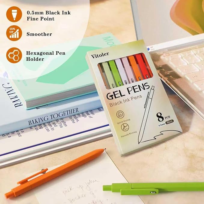 Vitoler Pens,0.5 mm Black Gel Pens,8pcs Quick Dry Smooth Writing Pen,Fine Point Pen for Journaling Bible School Office Supplies,Stocking Stuffers Pretty Pens for Women/Nurses