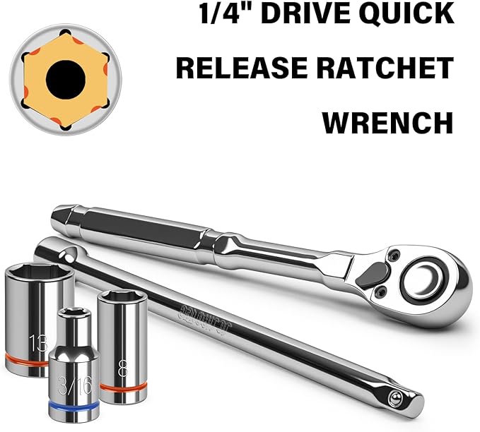 20-Piece 1/4" Drive Shallow Socket Set, SAE/Metric (3/16"-9/16" & 5mm-13mm) with Ratchet & Extension Bar, Premium Chrome Vanadium Steel, 6-Point, with Molded Case