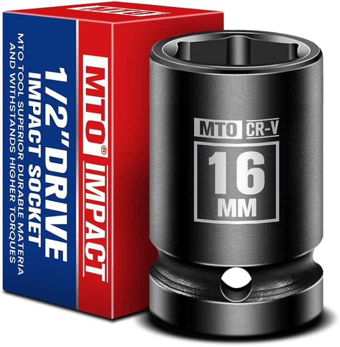 MTO 1/2" Drive 16mm Shallow Impact Socket, 6-Point Metric Socket for Automotive Maintaince, CR-V Steel Meets ANSI Standards