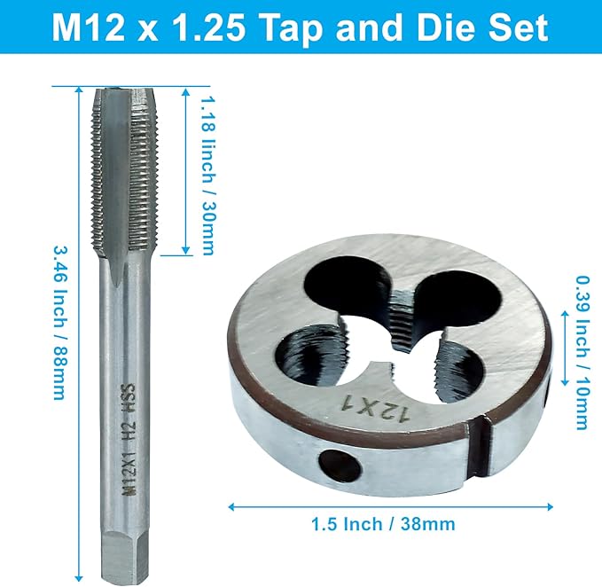 HARSKIYER M12 x 1 Metric Tap and Die Set, HSS Machine Thread Tap Die Set, M12 x 1mm Right Hand Thread Tapping Tool