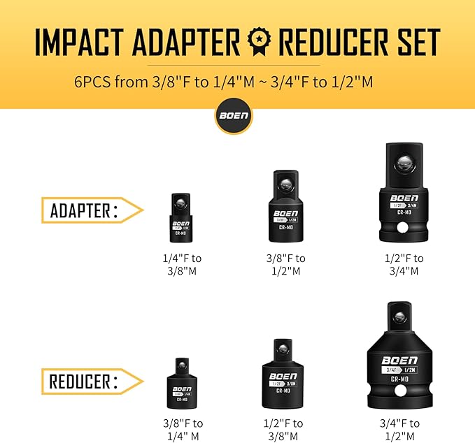 BOEN 6 Piece Impact Socket Adapter Set, 1/4" 3/8" 1/2" 3/4" Drive Socket Reducer Set with Durable Case, CR-MO, Reducer Converter Impact Adapter Set for Impact Driver Conversions