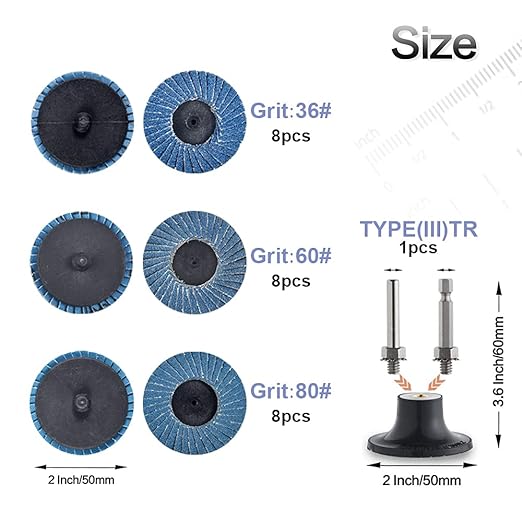 24 Pcs 2 inch Roll Lock Flap Discs with 1/4" Holder Die Grinder Attachments T27 Zirconia Flat 36/60/80 Grit Grinding Wheels for Surface Prep